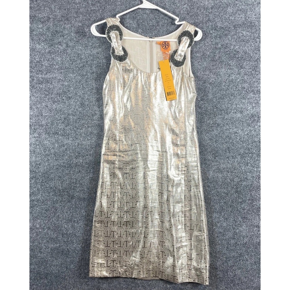 Tory Burch Bay Dress Womens 2 Gold Metallic Silk Blend Shift Luxury Beautiful